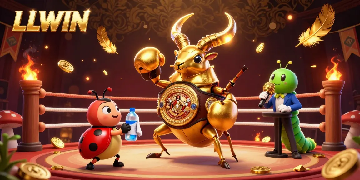 LLWIN showcases vibrant betting action with golden stag beetle boxing in a rich casino atmosphere.