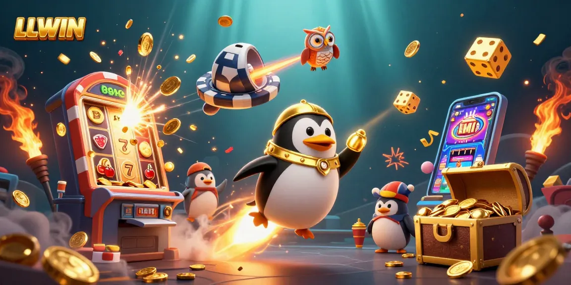Experience the excitement of LLWIN with a golden penguin navigating casino adventures in a dynamic 3D scene.