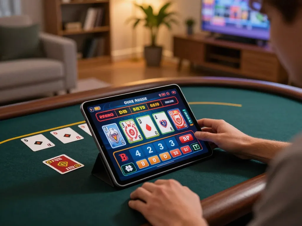 Player at home gaming with lc88 com tablet, showcasing vibrant casino games.