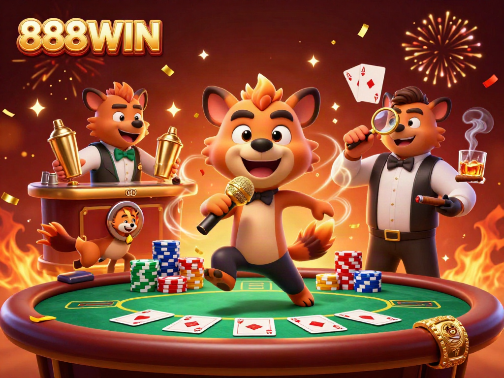 Experience the excitement of 888WIN with hyenas running a vibrant casino club, showcasing poker action.