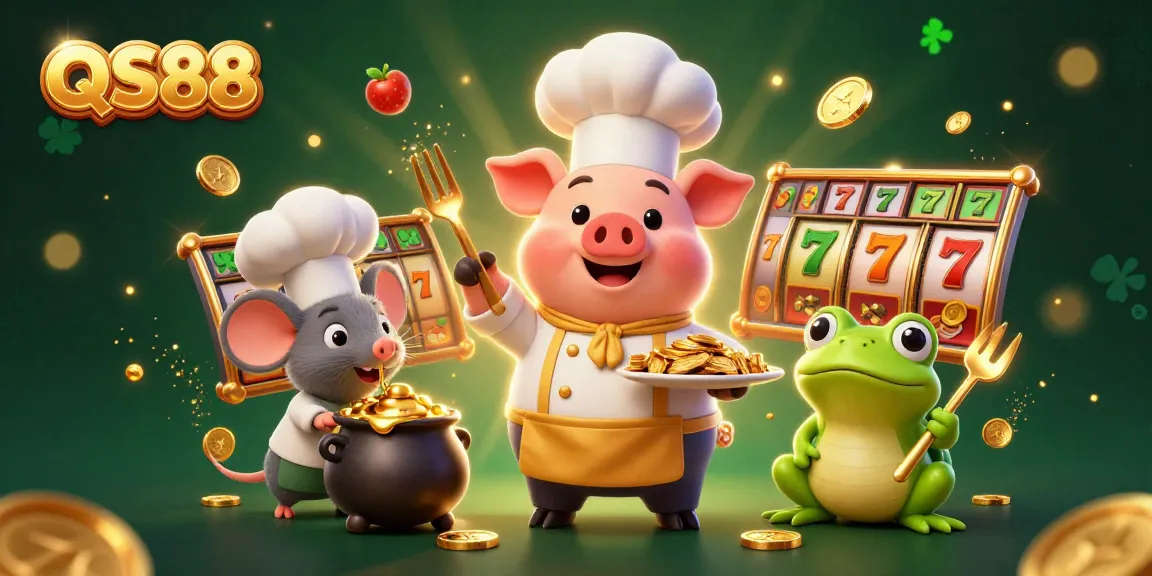 Experience QS88 online gaming with a vibrant scene showcasing a chef pig serving gold coins amidst dynamic slot elements.