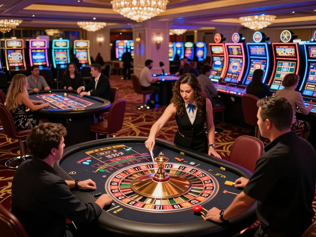 Players engaging in thrilling roulette at ta88ai.com casino, surrounded by vibrant lights and action.