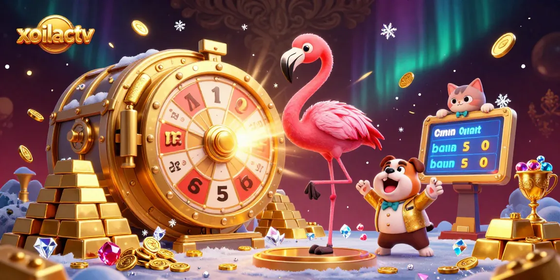 Xoilactv promotes exciting live gaming with a charismatic flamingo host and prize wheel.