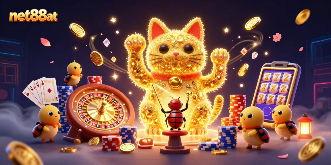 Engage with net88at's thrilling casino experience featuring a giant lucky cat and golden fireflies.