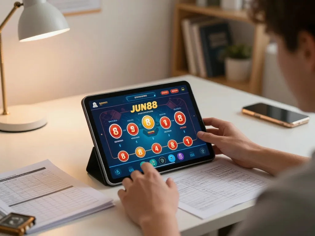 Engaging in strategic poker gameplay on Jun88 casino app, showcasing responsible gambling in a cozy home setting