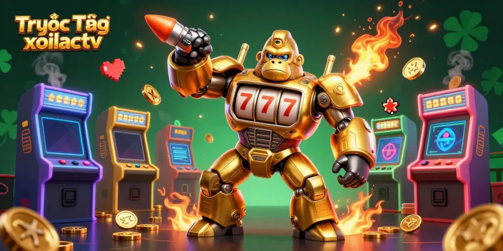 Experience Trực Tiếp xoilactv with a dynamic 3D casino scene featuring an engaging golden mech and colorful gaming elements.