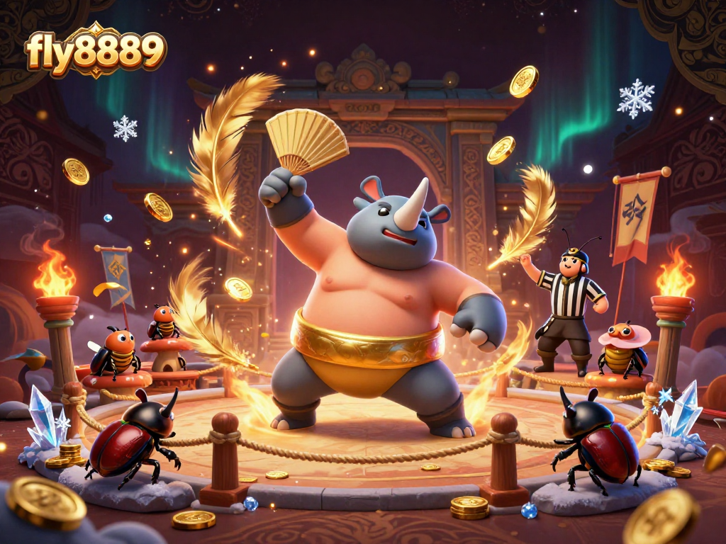Experience the thrilling action at fly8889 with a sumo beetle stomping golden coins in a vibrant casino scene.