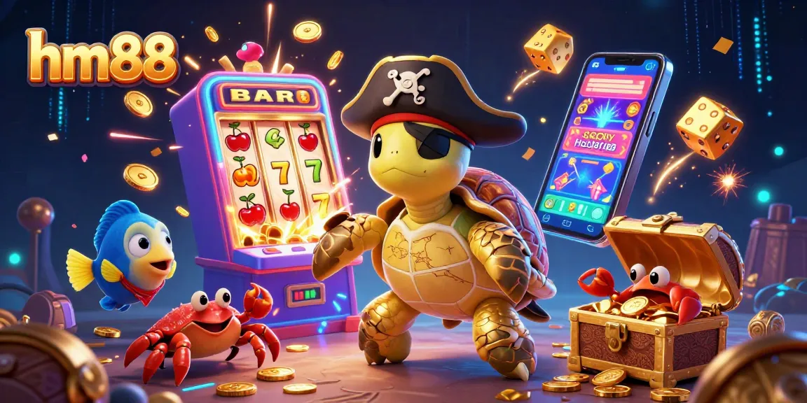 Experience thrilling jackpots with hm88 featuring a pirate turtle and vibrant casino elements.