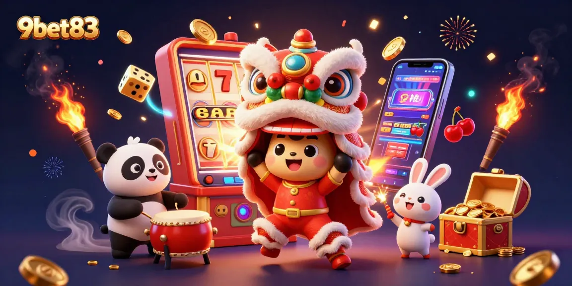 Experience the excitement of 9bet83 with a vibrant festival-themed casino illustration featuring characters and jackpot symbols.