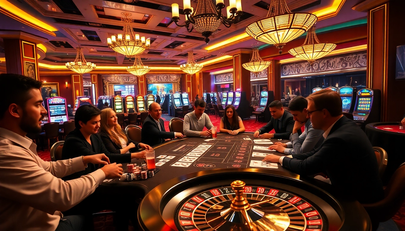 58WIN players excitedly placing bets at a high-stakes poker table in a luxurious casino.