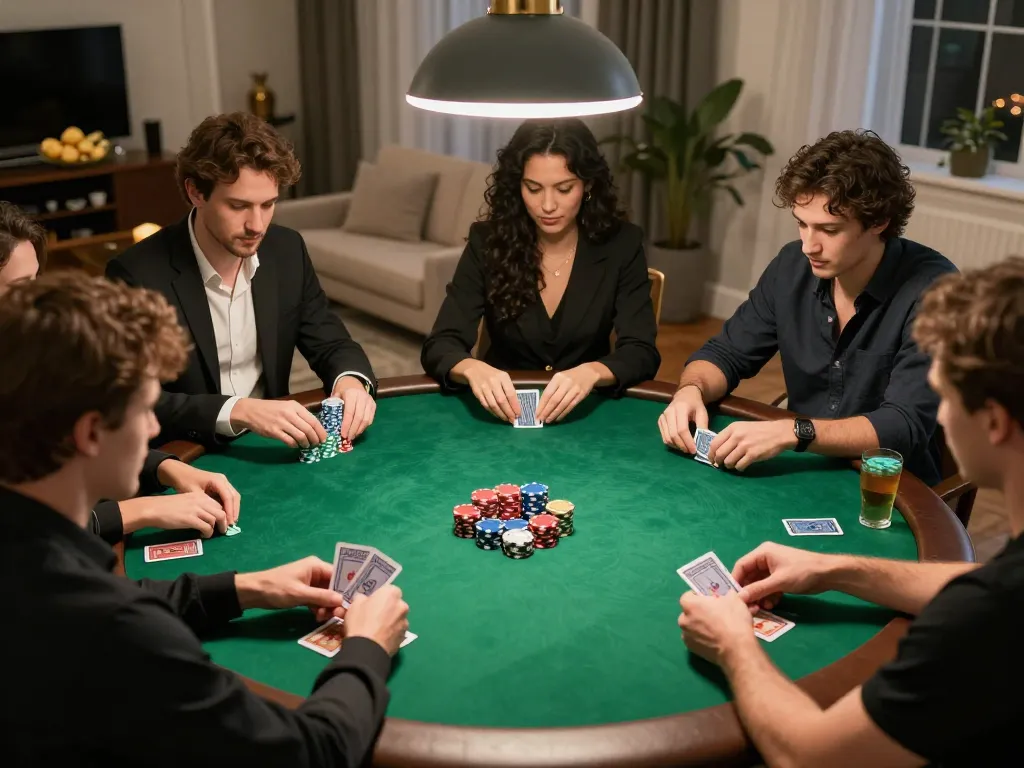 TG88 poker players engaged in strategic gameplay at a sociable home game night, showcasing chips and cards.