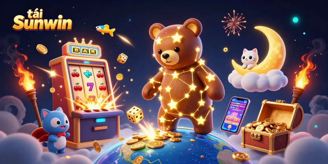 Engaging 3D scene featuring a constellation bear collecting coins, representing tải Sunwin casino gaming.
