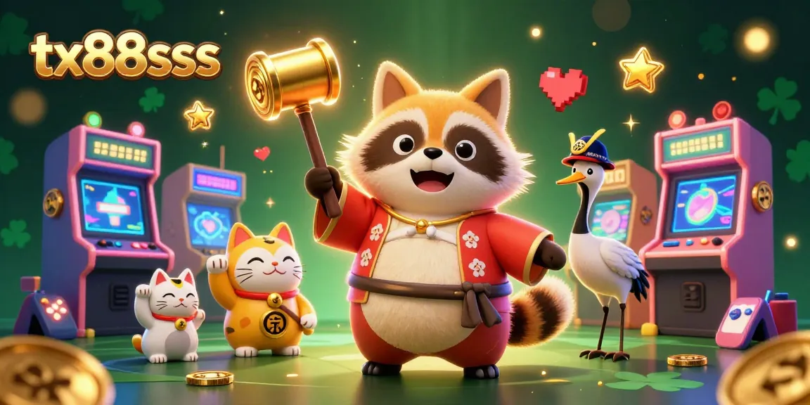 Experience the excitement of tx88sss with a cheerful tanuki, colorful maneki-neko, and vibrant casino elements.
