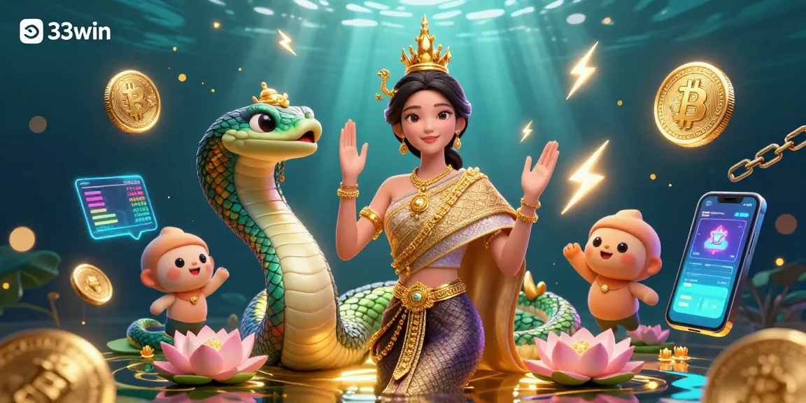 Bet on 33win with vibrant 3D casino visuals showcasing Thai culture and digital currencies.