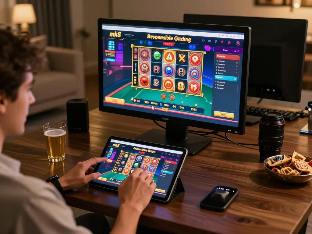 Engaging with mk8 online gaming platform, showcasing slots and poker excitement in a cozy setup.