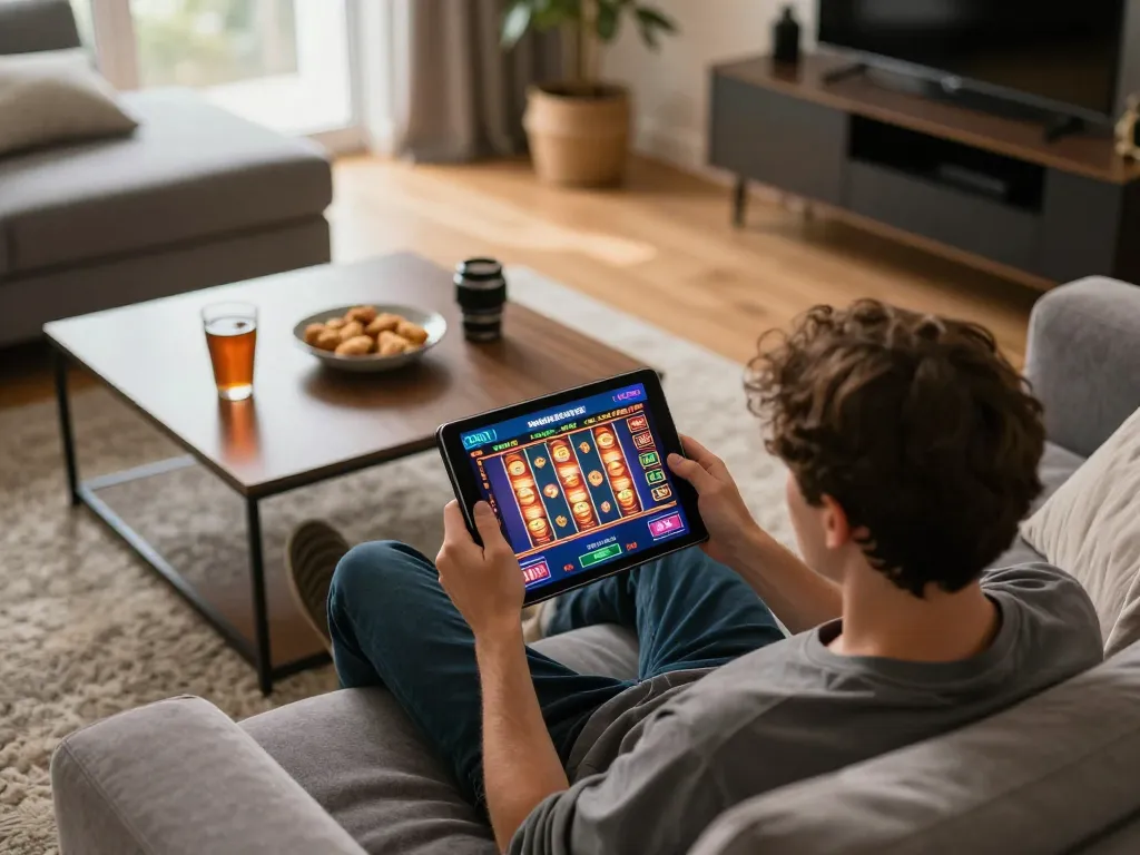 Enjoying online games on the jogoluck app with colorful slots and cozy home atmosphere.