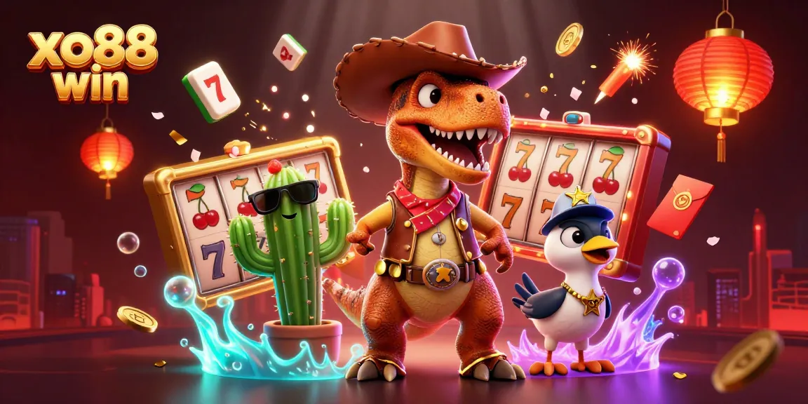 Experience the thrill of xo88 win with a fun cartoon scene featuring a T-Rex cowboy and lively gaming elements.