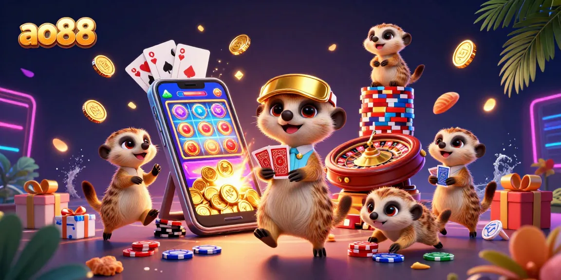 Experience the vibrant world of ao88, where meerkats run a dynamic casino with spinning slots and golden coins.