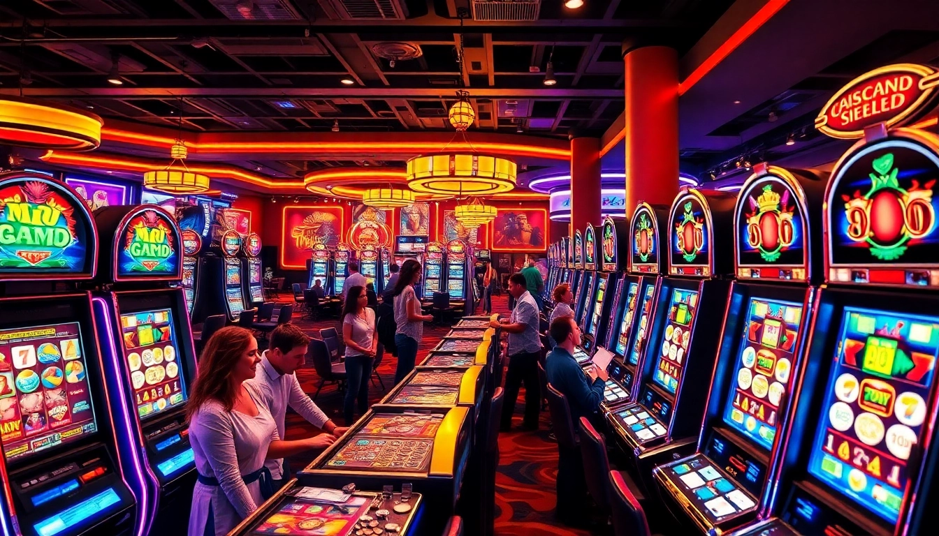 Slot deposit 5000 menarik perhatian dengan banyak mesin slot yang bercahaya.