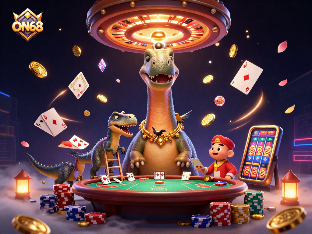 Experience ON68's 3D casino scene with a giant brontosaurus and clever dealer in action.