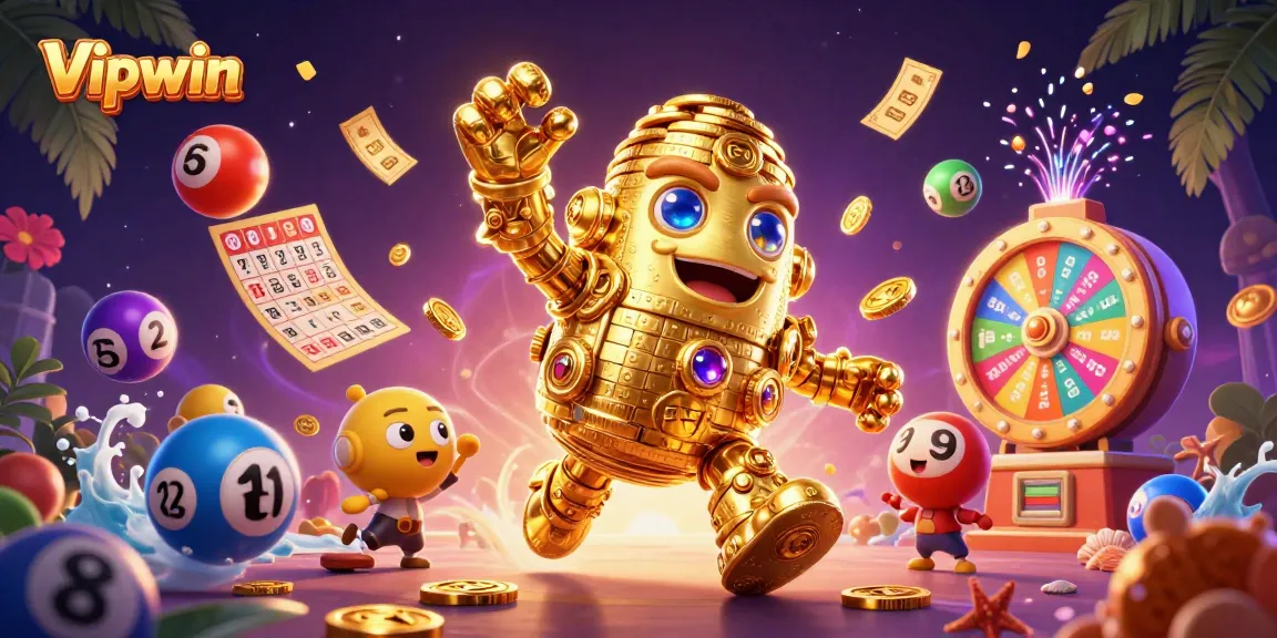 Engage with Vipwin in thrilling games surrounded by vibrant lottery elements and a mesmerizing golden golem.