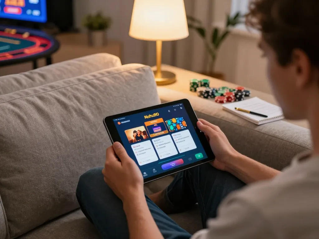 Nohu90 player engaging in mobile gambling on a tablet, showcasing a cozy gaming atmosphere.