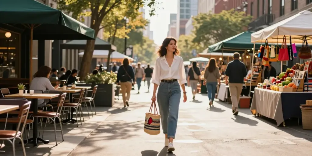 Elegant woman with a sac en raphia enjoying a vibrant urban street.