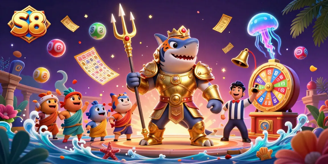 S8 showcases vibrant underwater casino action with a shark in gladiator armor, entertaining players.