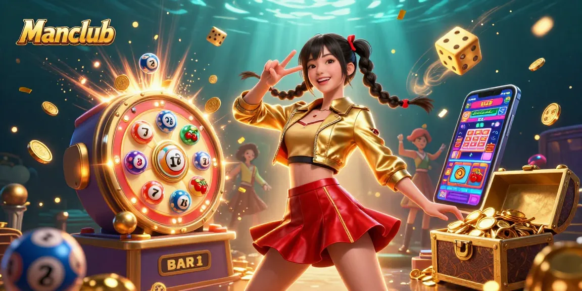 Engage with Manclub's vibrant casino environment featuring a joyful Asian woman celebrating amidst colorful gaming elements.