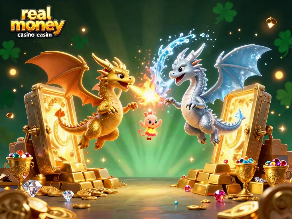 Experience an enchanting scene of twin dragons symbolizing the real money casino new zealand with magical treasures.