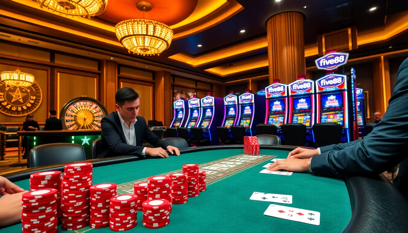 Play thrilling poker at five88, surrounded by glamorous casino elements lighting up the excitement.