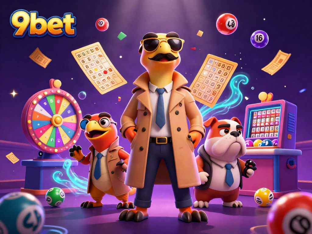 Join the fun with 9bet's carnival-themed raptors trying to access a VIP casino lounge, surrounded by lottery joy.