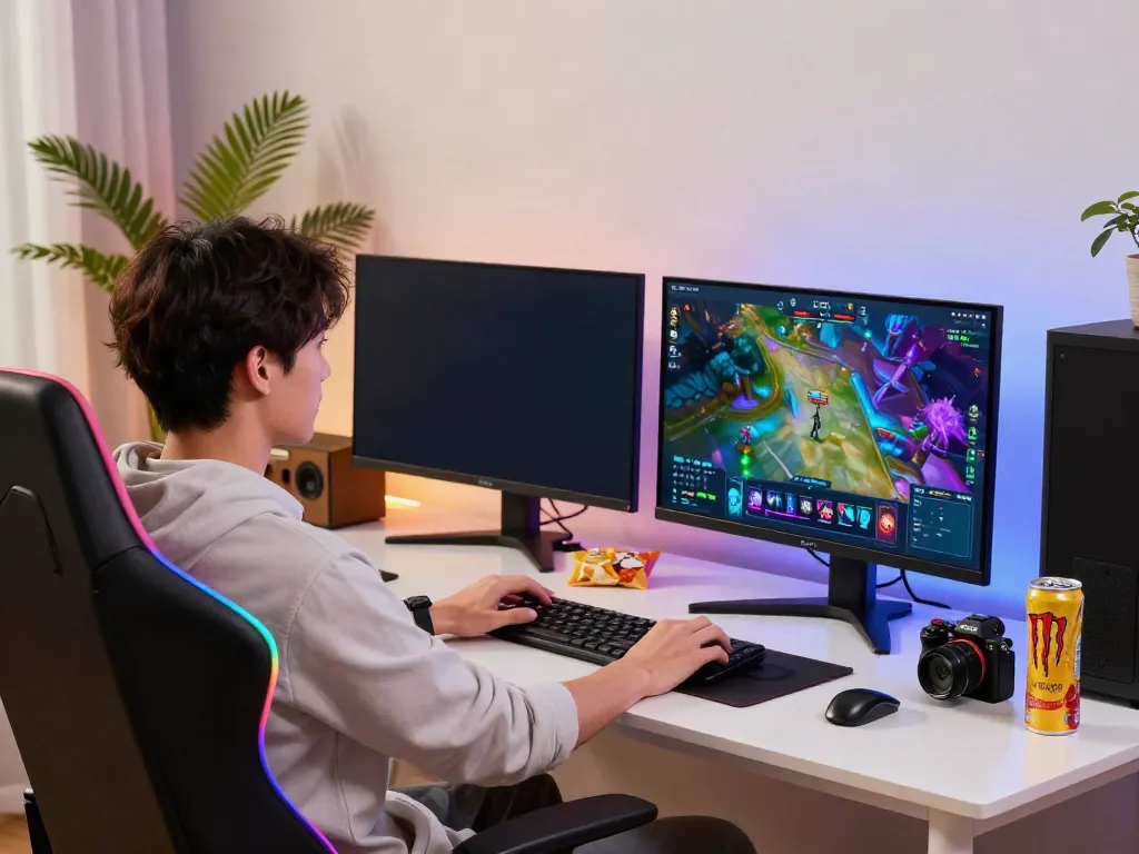 Sky88 gaming setup with vibrant visuals on laptop screen and cozy atmosphere.