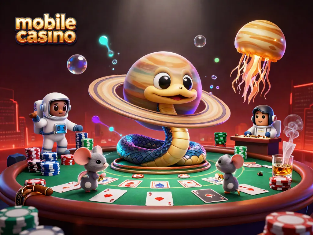 Play exciting mobile casino games with a dynamic cosmic scene featuring astronauts and a jellyfish dealer.