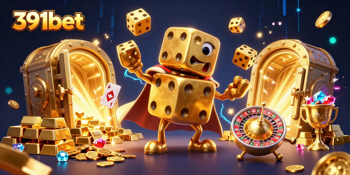 Engage with 391bet's immersive gaming experience featuring golden dice, treasures, and vibrant casino elements.