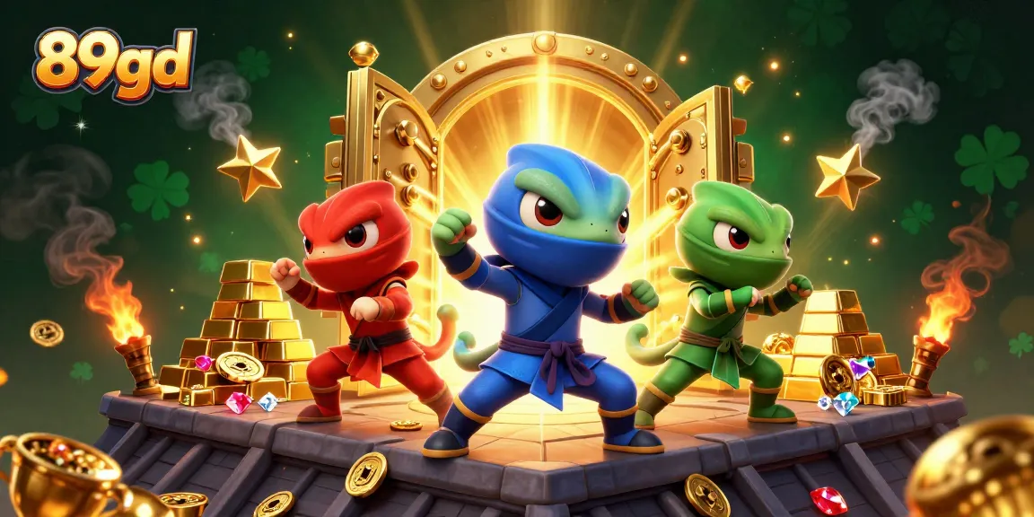 89bd showcases a vibrant scene with ninja chameleons surrounded by gold and gems in an exhilarating casino illustration.