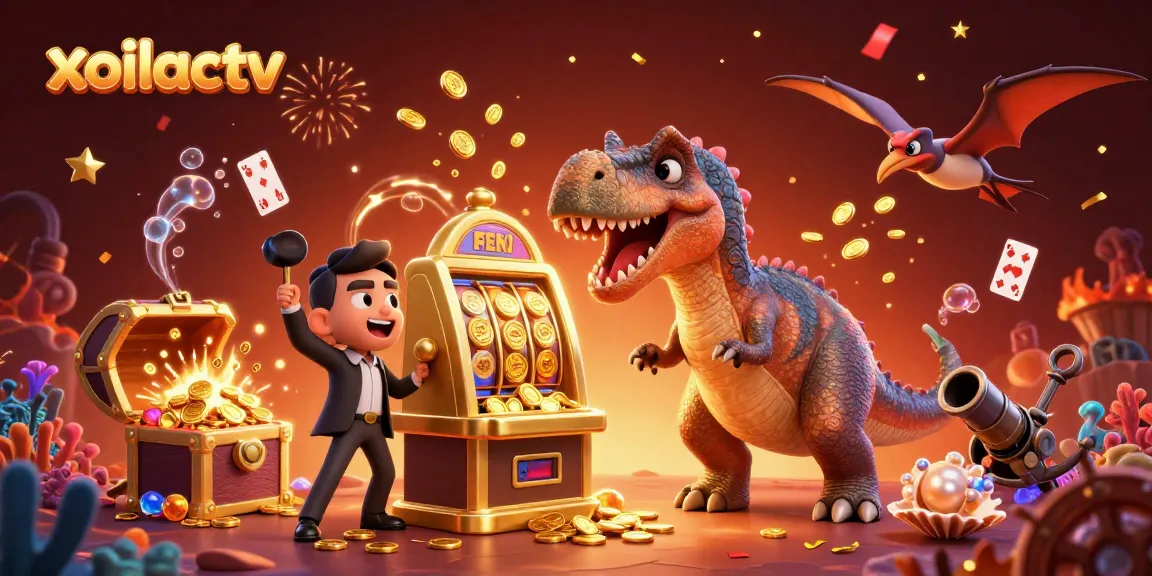 Xoilactv brings excitement with a pachycephalosaurus hitting a slot machine, revealing treasures in a vibrant casino scene.
