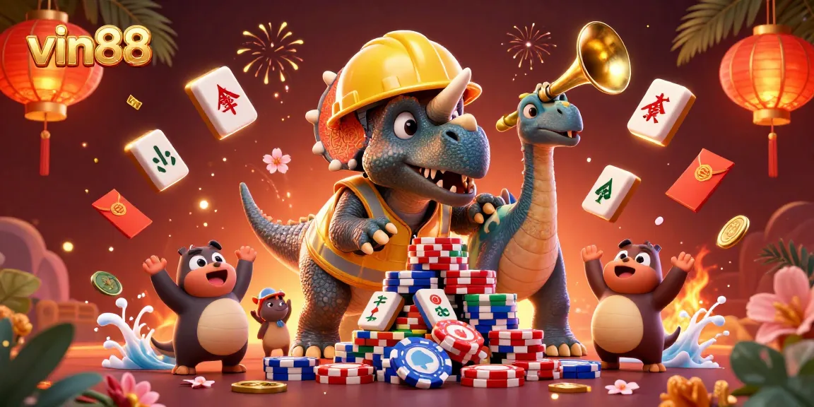 Celebrate wins at vin88 with vibrant casino-themed illustration, featuring animated characters and dynamic gaming elements.