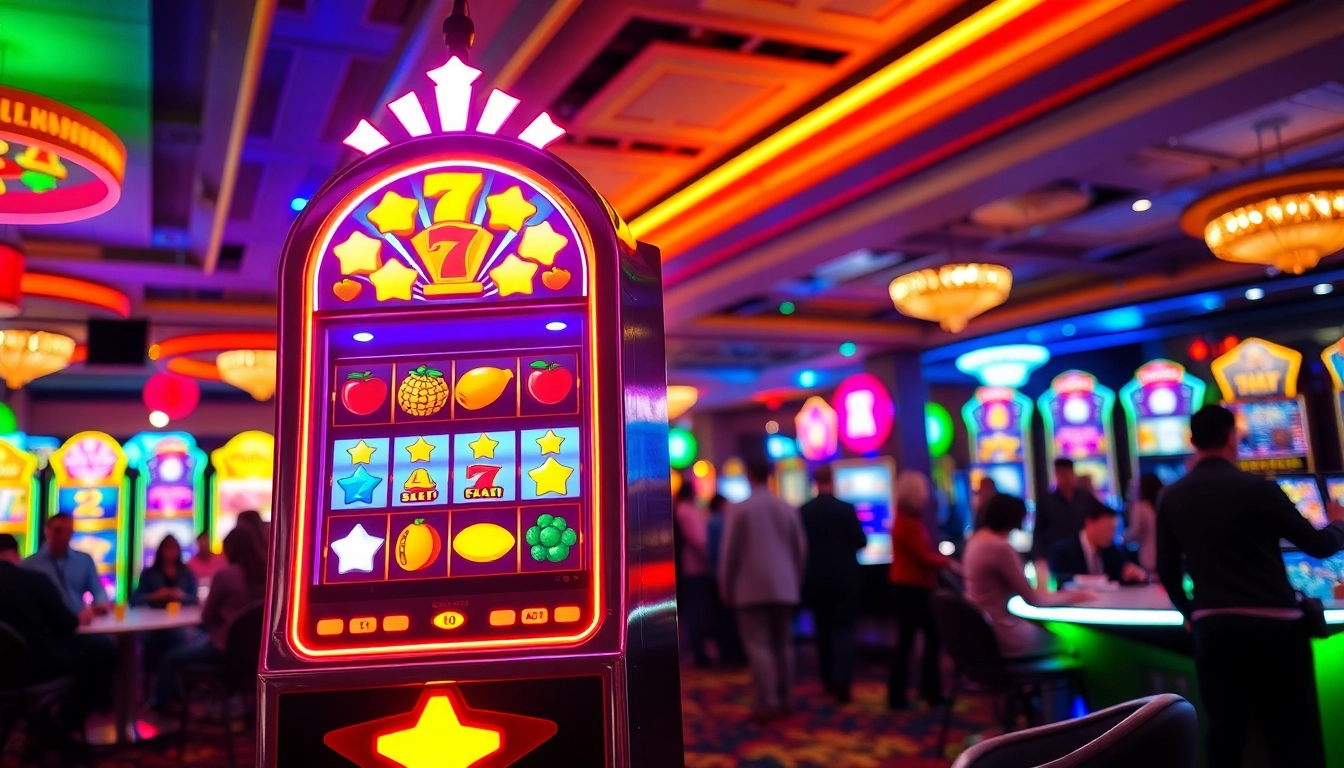 Mainkan Slot deposit 5000 pada mesin slot yang penuh warna dan cahaya cerah di kasino.