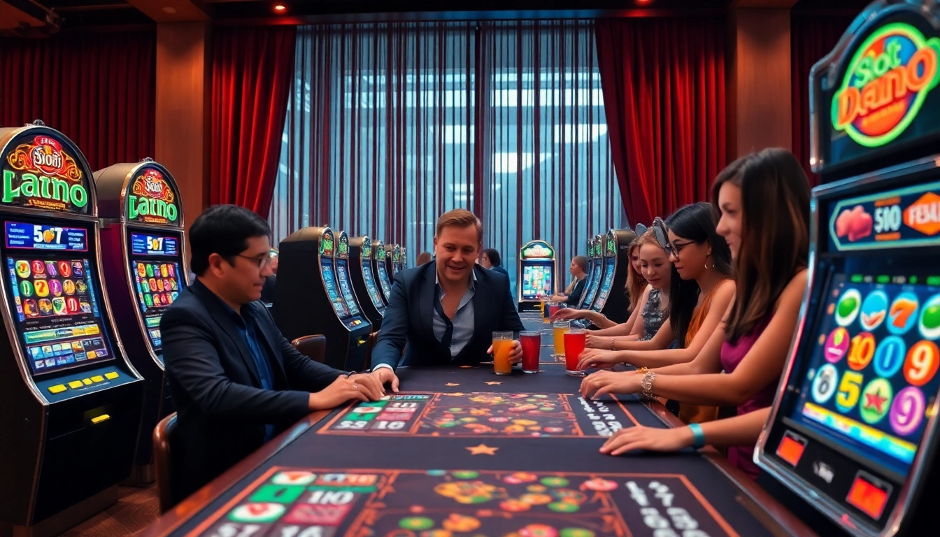 Gameplay of Slot Dana yang seru di kasino dengan pemain bersemangat dan mesin slot berwarna-warni.