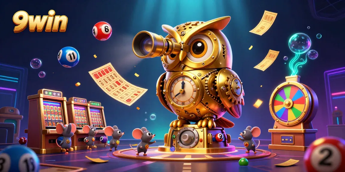 Experience the thrill of 9win with vibrant casino elements and a glowing golden owl illustration.