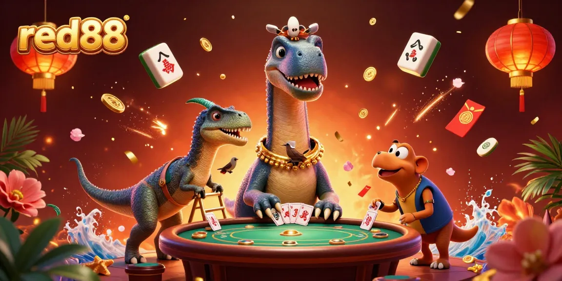 Join the excitement at red88 with a massive cartoon brontosaurus overseeing the casino action full of vibrant details.