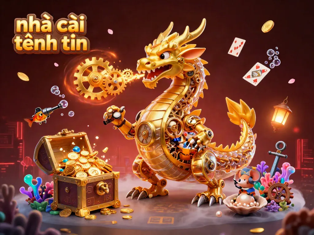 Experience the excitement of nhà cái tặng tiền with a golden dragon and vibrant gaming elements