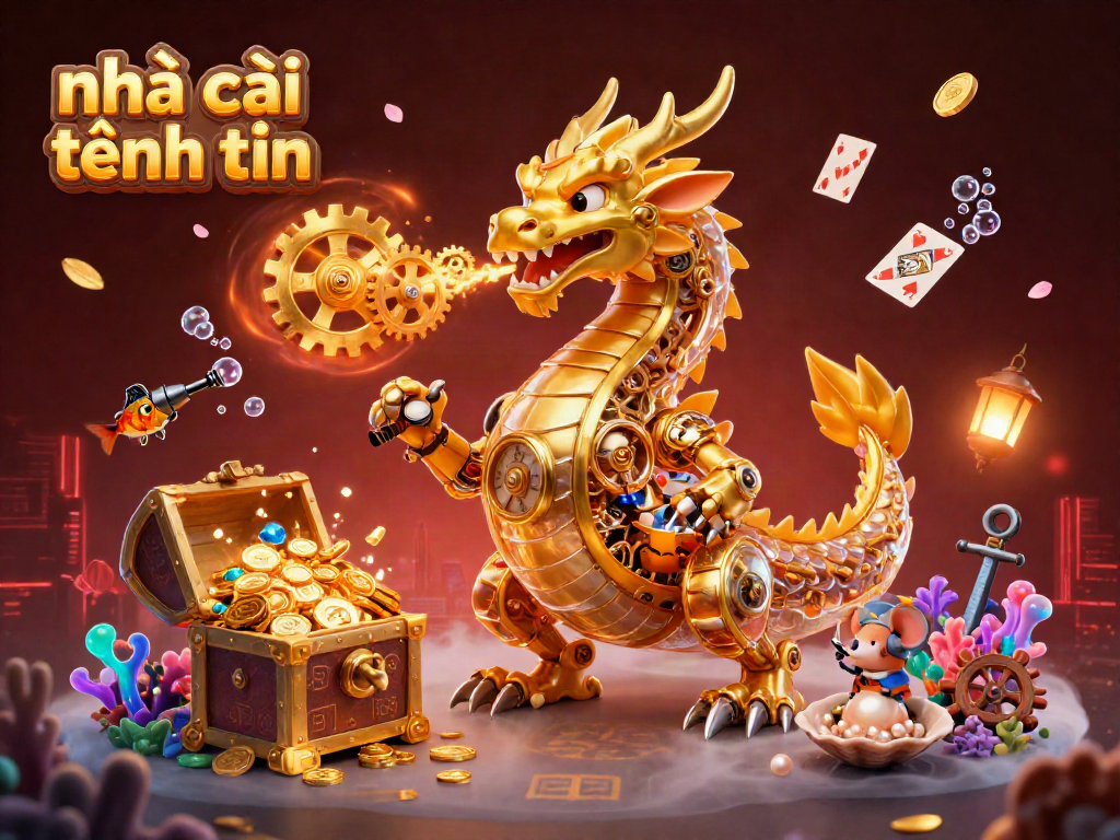 Experience the excitement of nhà cái tặng tiền with a golden dragon and vibrant gaming elements