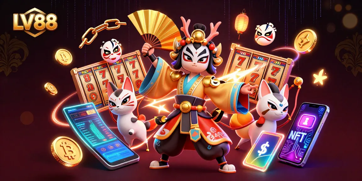 Experience LV88 with vibrant slot reels and kabuki characters in a dynamic 3D casino scene.