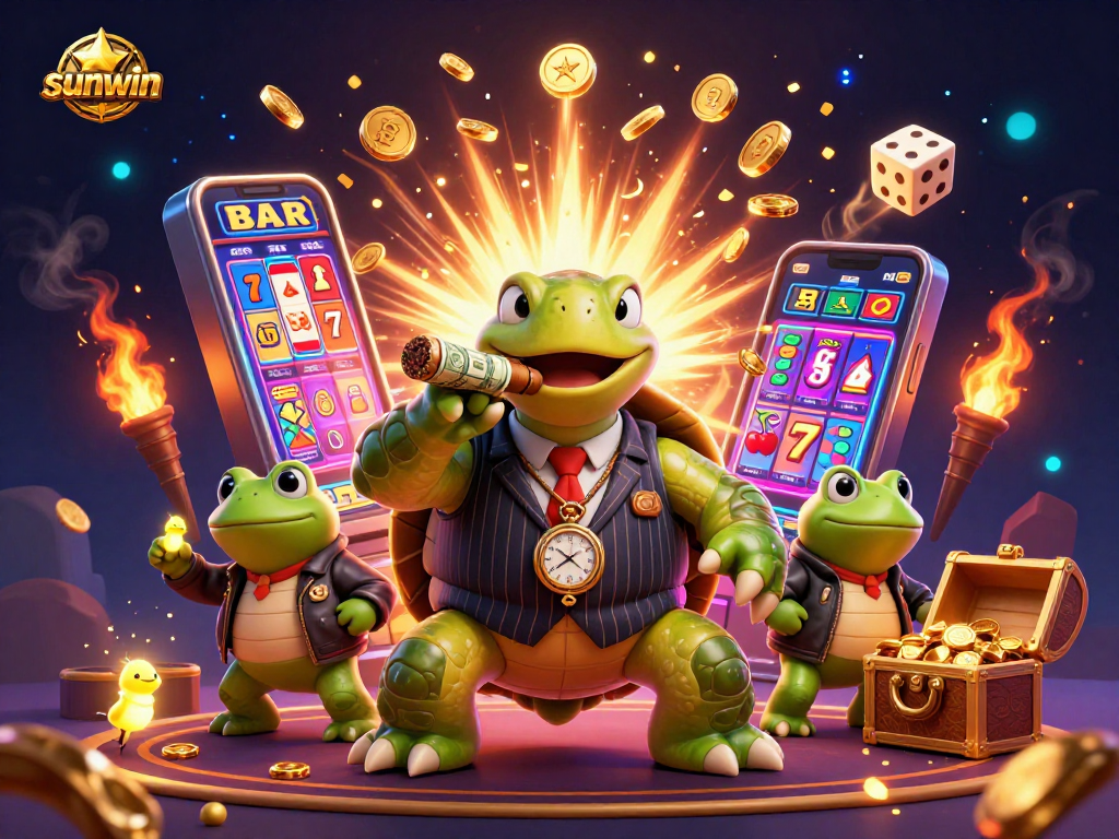 Experience thrilling wins at sunwin with our vibrant 3D scene filled with casino excitement and winning symbols.