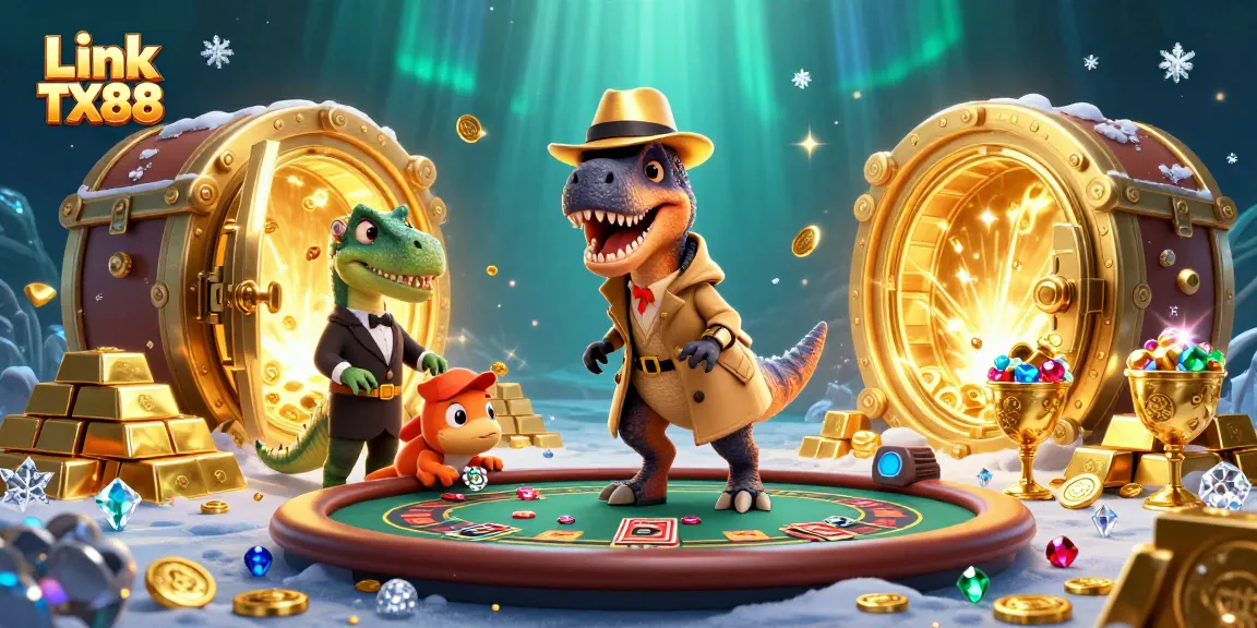 Engage with the Link đăng nhập TX88 scene featuring a velociraptor card counter, stegosaurus pit boss, and compy pickpocket in a vibrant casino setting.