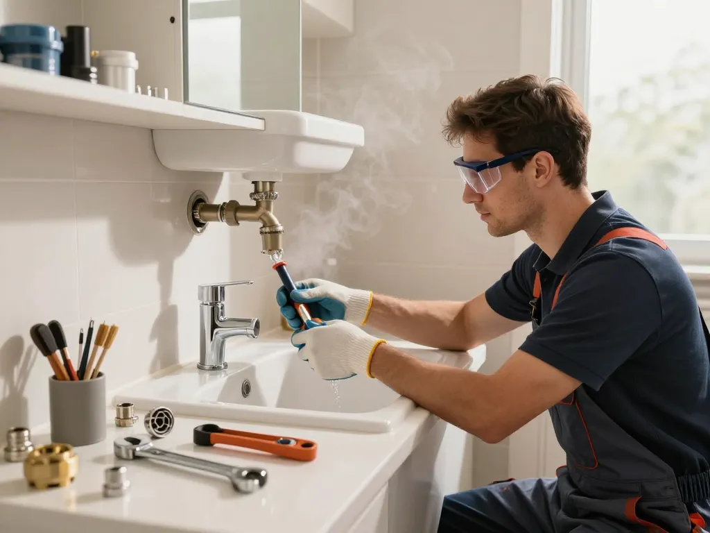 Encanador installing a modern sink in a bright bathroom with tools and fixtures.
