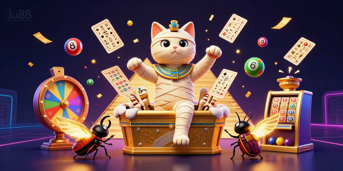 Join the thrilling excitement at lu88, where the Egyptian mummy cat and scarab beetle celebrate winning big in a vibrant casino!