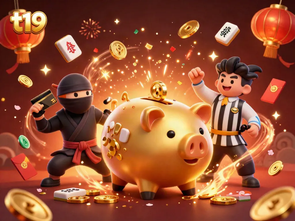 Experience thrilling wins at t19 with a dynamic illustration of golden piggy bank sumo wrestler and casino elements.